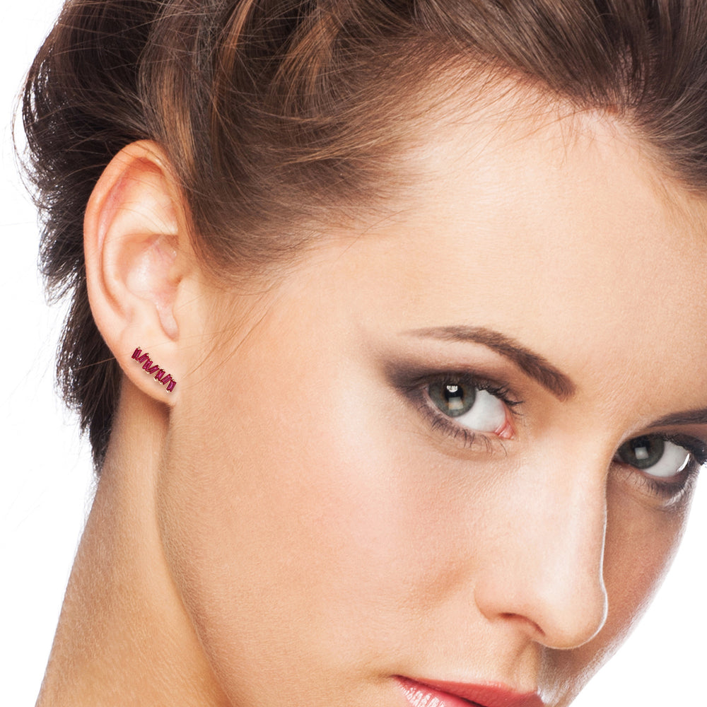 Baguette Cut Ruby Gemstone Minimal Stud Earrings In 18K Rose Gold