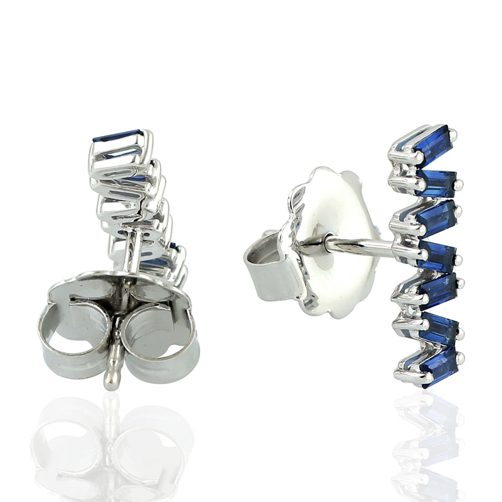 Baguette Cut Blue Sapphire Stud Earrings In 18k White Gold