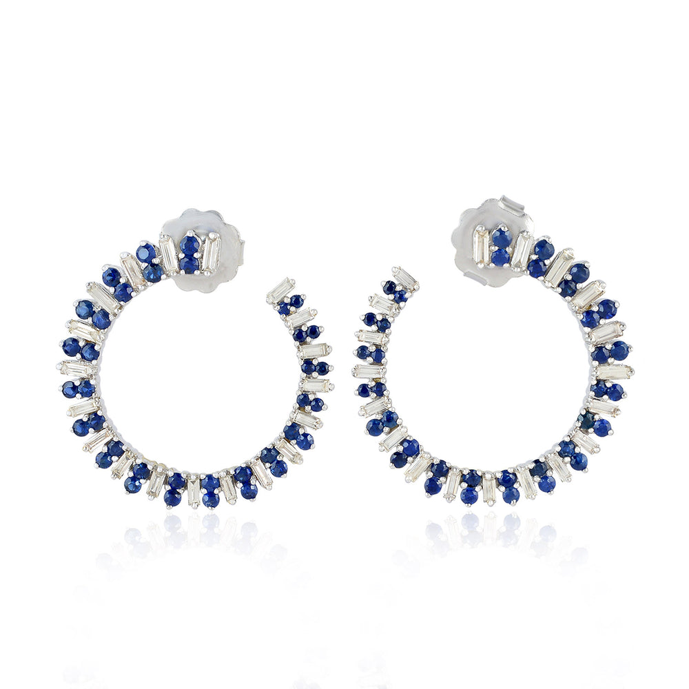 18K White Gold Round Blue Sapphire Hoops Open Circle With Baguette Diamonds For Her