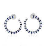 18K White Gold Round Blue Sapphire Hoops Open Circle With Baguette Diamonds For Her