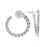 18K White Gold Round Blue Sapphire Hoops Open Circle With Baguette Diamonds For Her