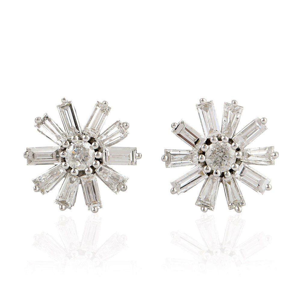 Tapered Diamond Sun Burst Design Stud Earrings In 18k White Gold