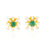 18K Yellow Gold Prong Emerald Baguette Diamond Sparkle Stud Earrings For Women's