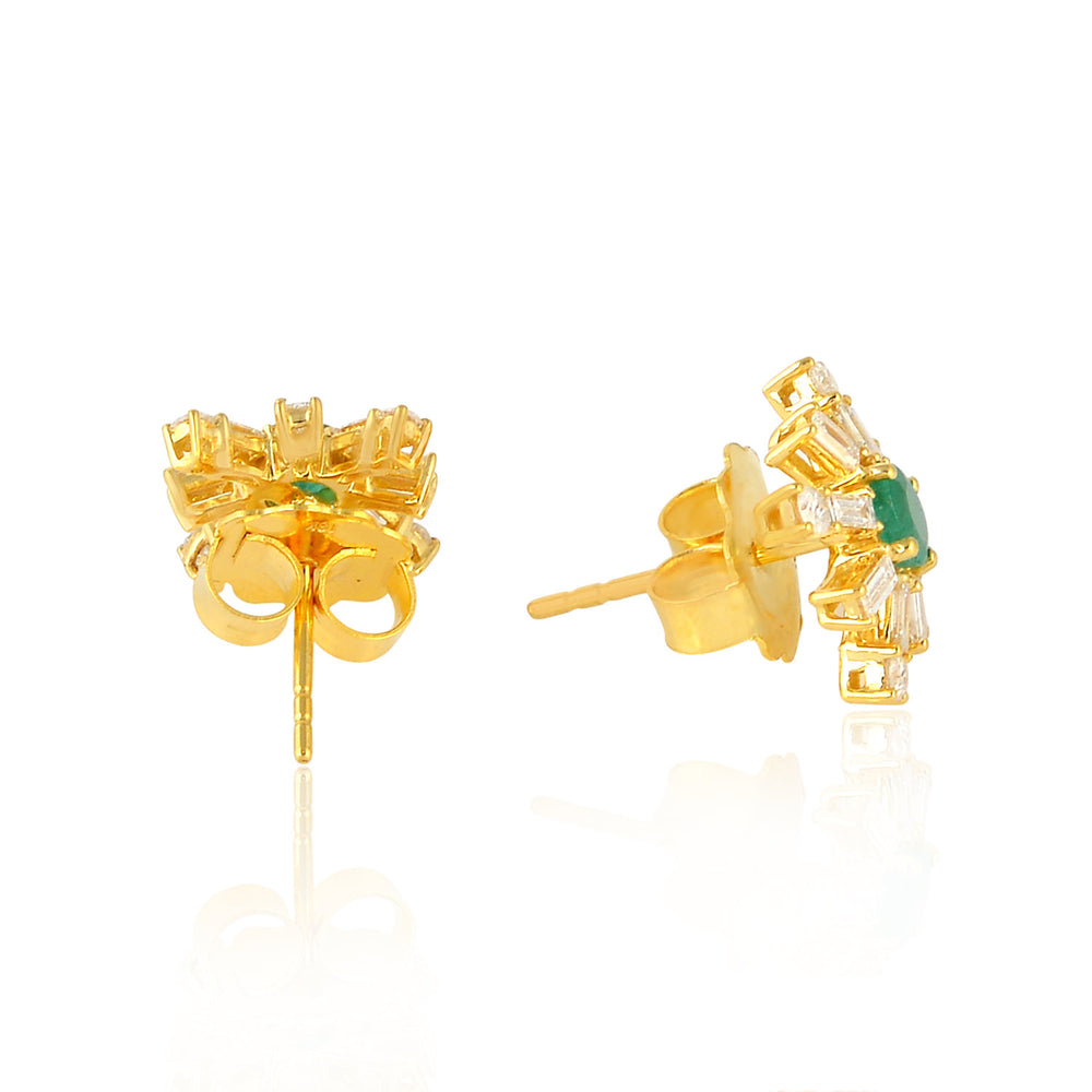 18K Yellow Gold Prong Emerald Baguette Diamond Sparkle Stud Earrings For Women's