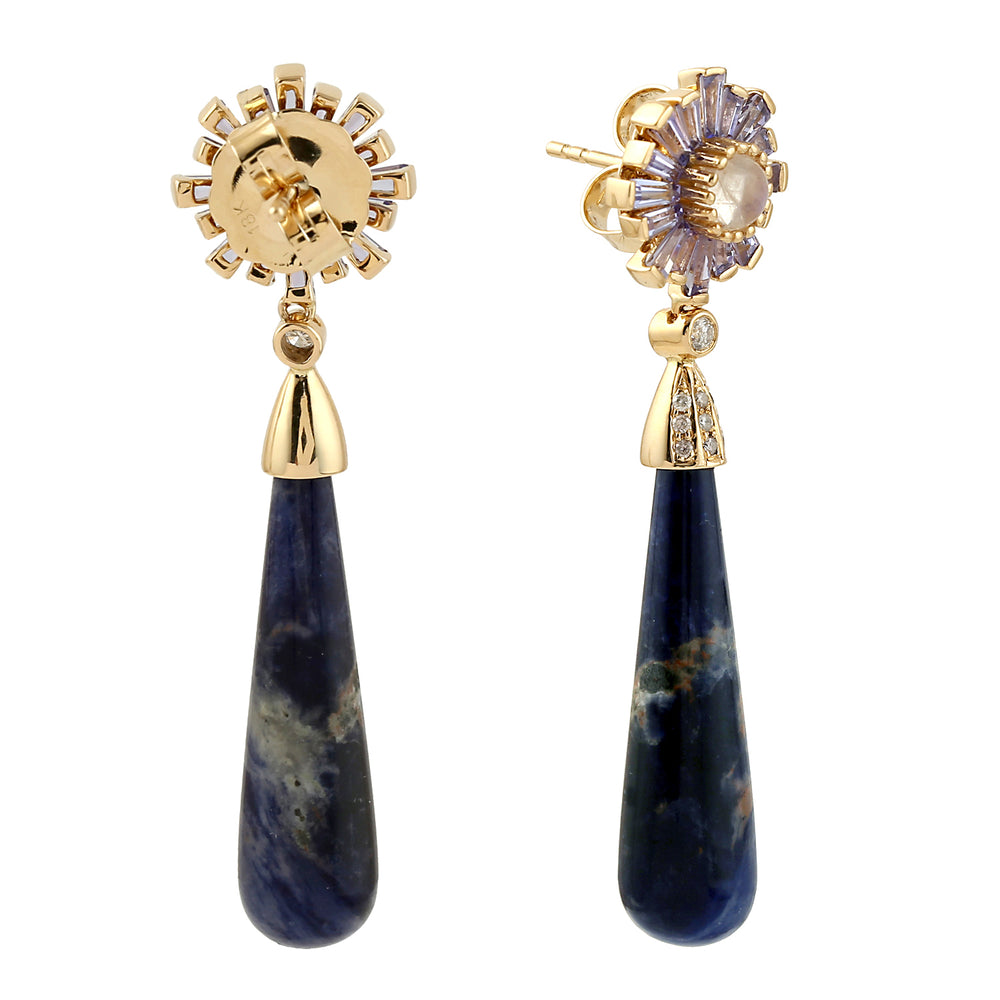 Sodalite Tapered Baguette Tanzanite Moonstone Pave Diamond Long Dangler in Gold