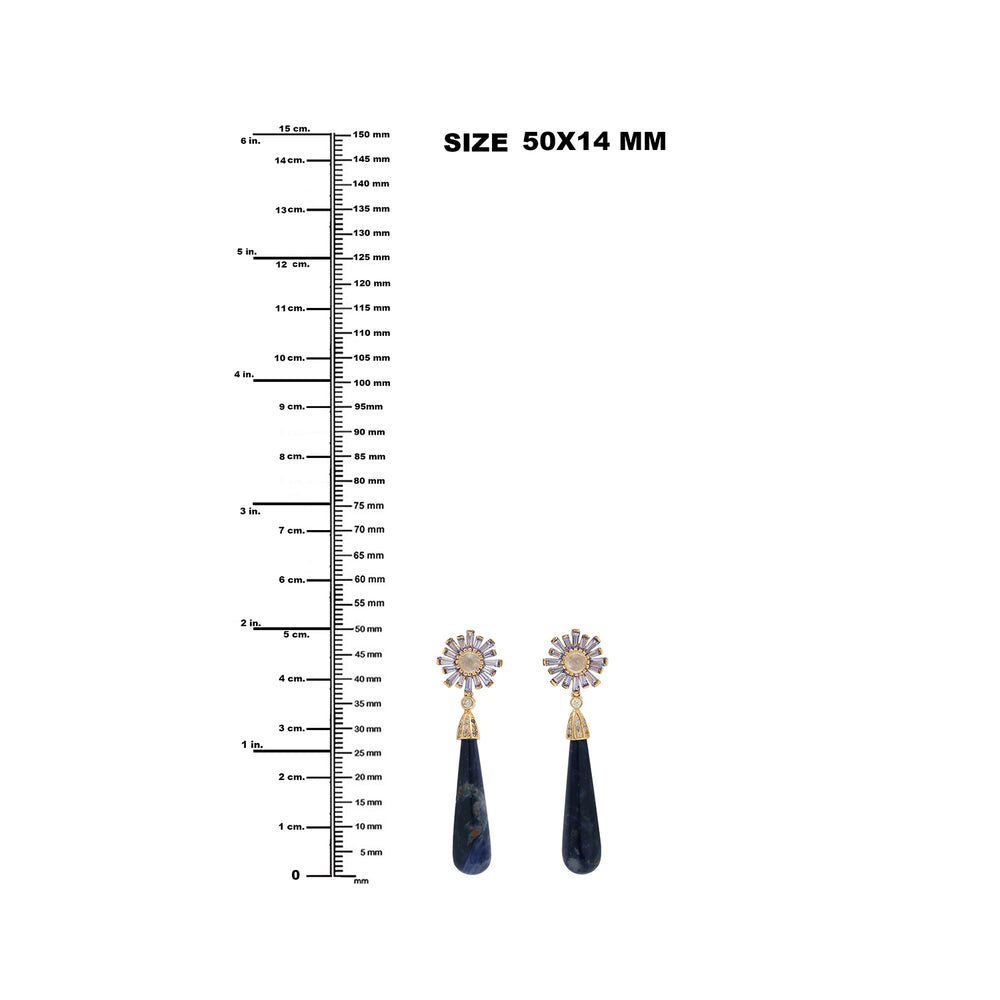 Sodalite Tapered Baguette Tanzanite Moonstone Pave Diamond Long Dangler in Gold