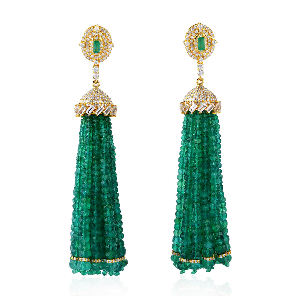 18K Yellow Gold Faceted Beads Emerald Baguette White Sapphire Pave Diamond Tassel Earrings For Her