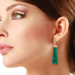 18K Yellow Gold Faceted Beads Emerald Baguette White Sapphire Pave Diamond Tassel Earrings For Her