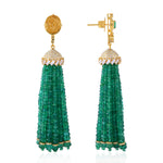 18K Yellow Gold Faceted Beads Emerald Baguette White Sapphire Pave Diamond Tassel Earrings For Her