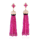 18K Rose Gold Faceted Ruby Beads White Sapphire Onyx Pave Diamond Chandelier Tassel Earrings