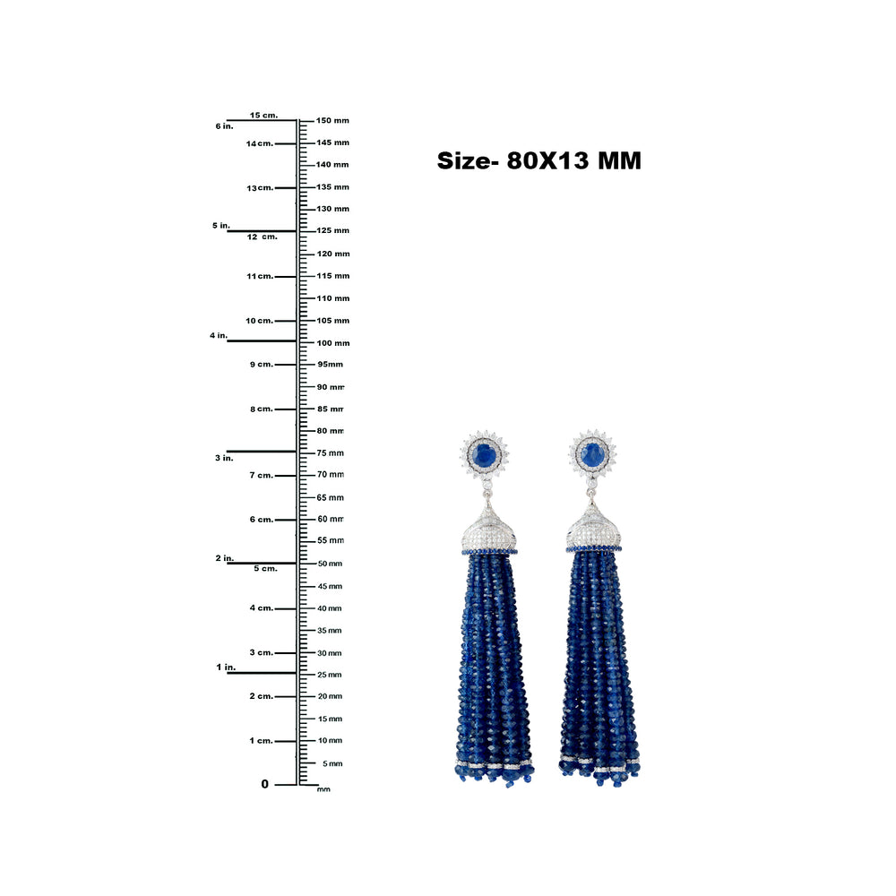 Faceted Blue Sapphire Beads Pave Diamond Tassel Earrings In 18k White Gold