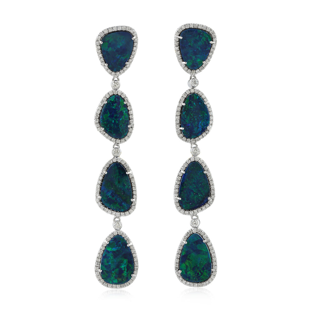 Australian Blue Opal Multi-Drop Diamond Halo Long Earrings in 18K White Gold