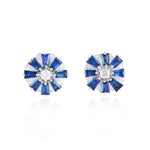 18k White Gold Baguette Blue Sapphire Prong Diamond Designer Stud Handmade Jewelry