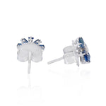 18k White Gold Baguette Blue Sapphire Prong Diamond Designer Stud Handmade Jewelry