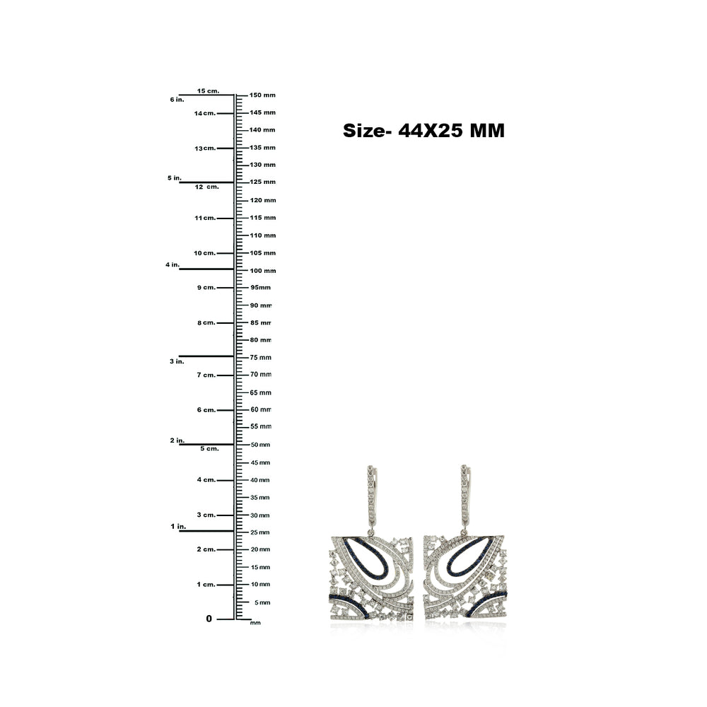 18K White Gold Prong Uncut Diamond Blue Sapphire Geometric Square Dangler