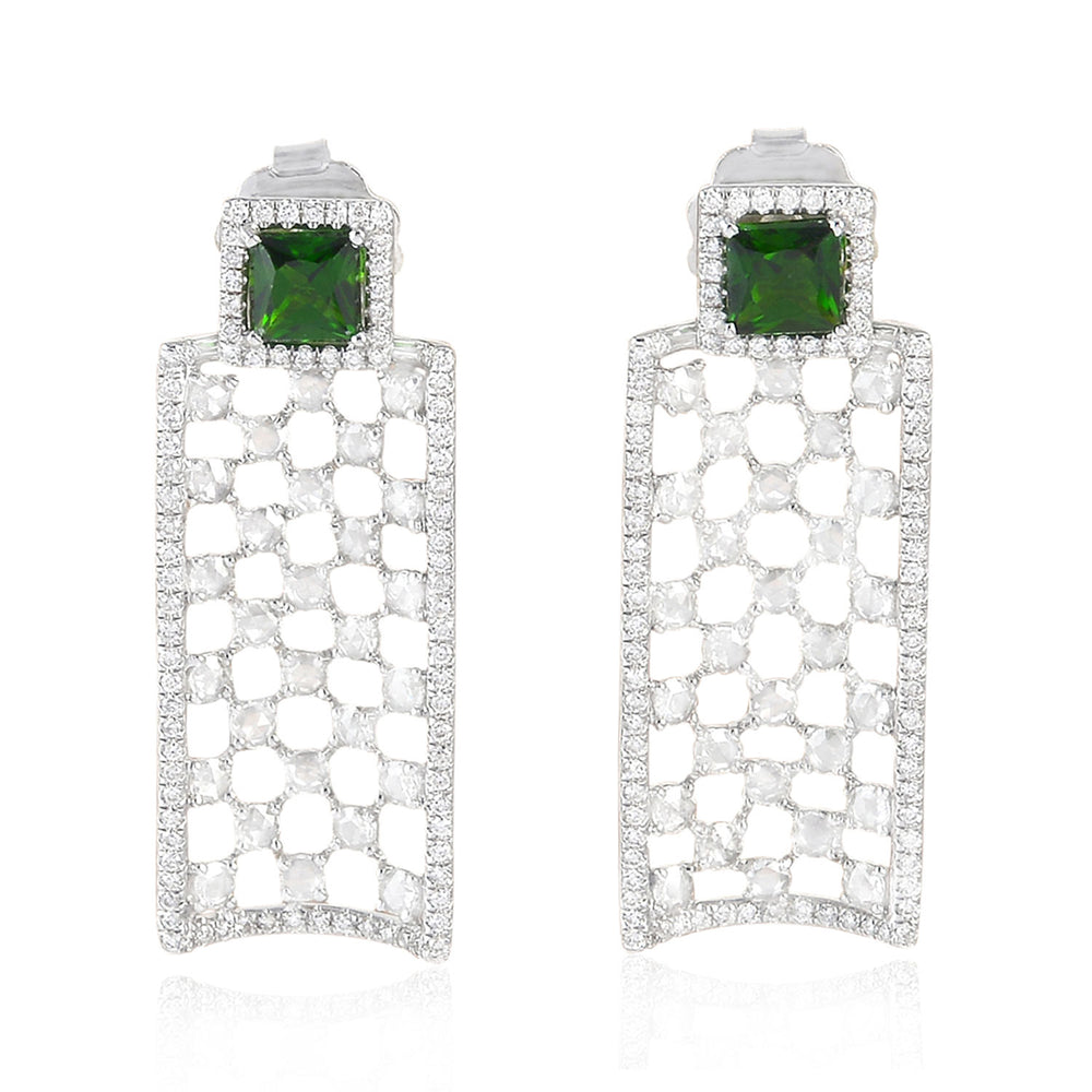 Square Chrome Diopside Prong Natural Diamond Geometric Earrings 18K White Gold Jewelry