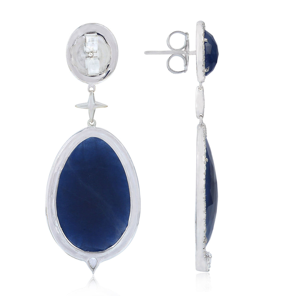 Egg Oval Cut Blue Sapphire Prong Natural Diamond 18K white Gold Dangler On Christmas Sale