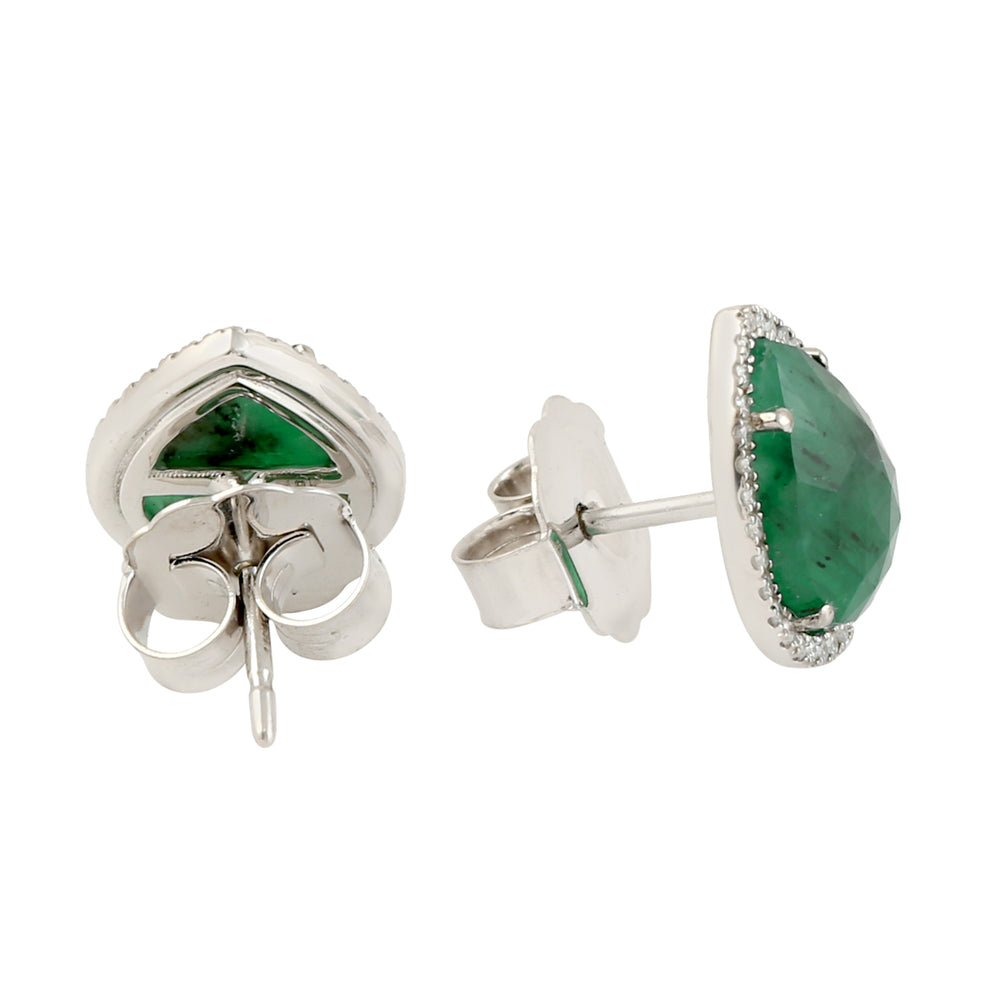 Pear Cut Emerald Gemstone Pave Diamond Stud Earrings In 18k White Gold