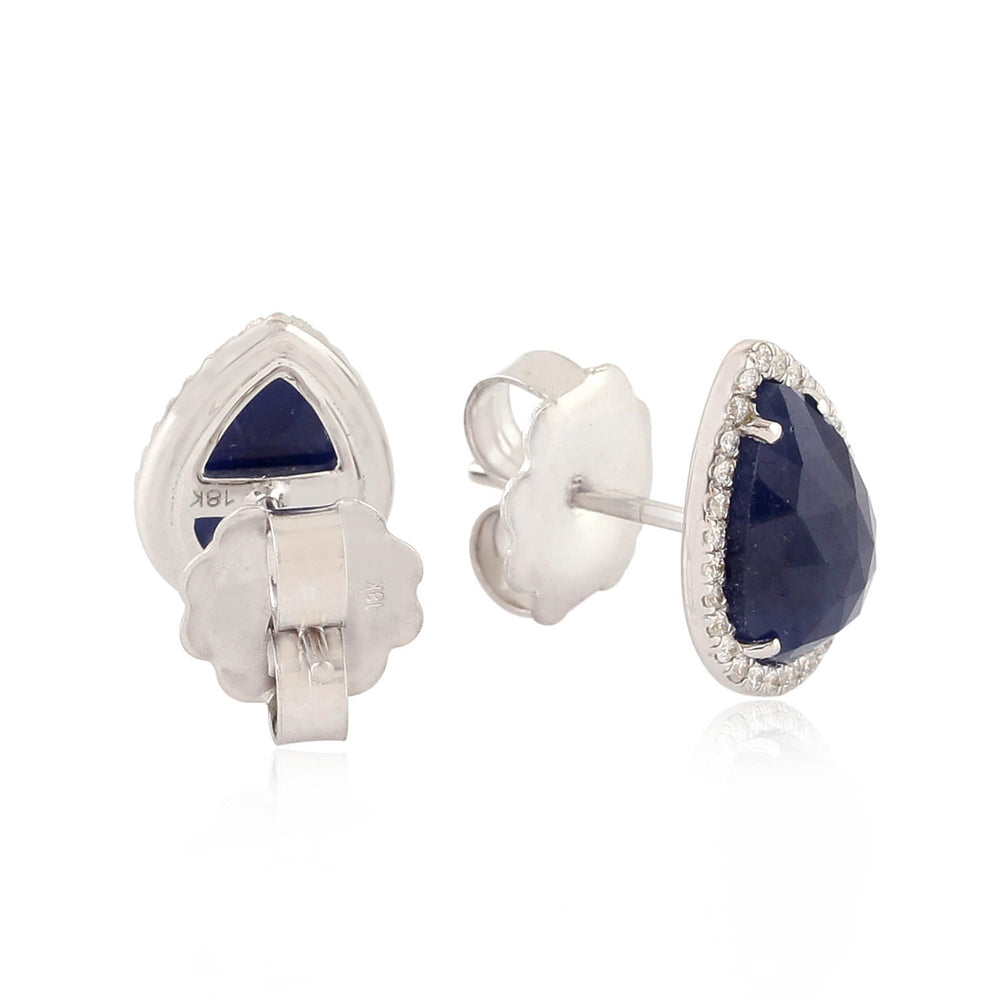 Pear Cut Blue Sapphire Gemstone Pave Diamond Stud Earrings In 18K White Gold
