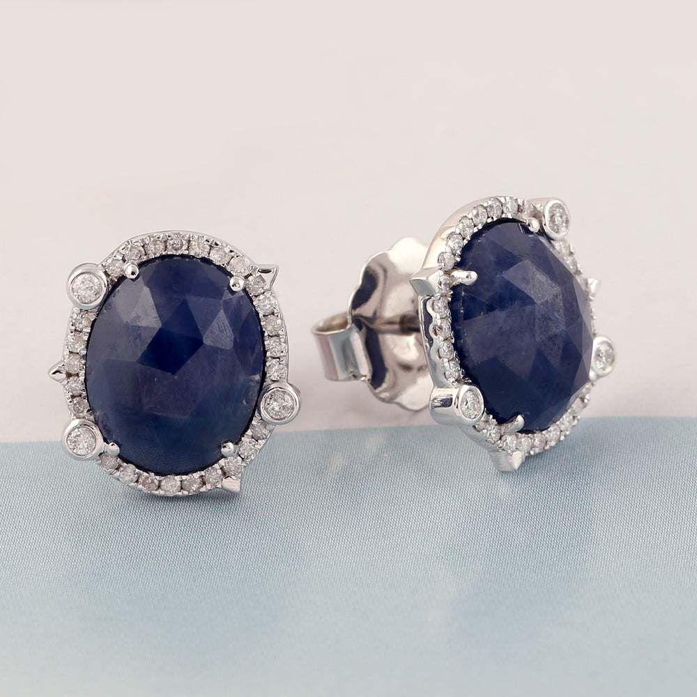 Oval Shape Natural Blue Sapphire Pave Set Natural Diamond Stud Earrings In 18k White Gold