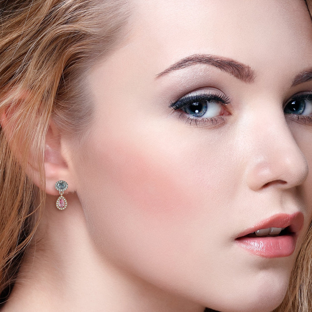 18K White And Rose Gold Pear Cut Diamond Enamel Dangle Earrings