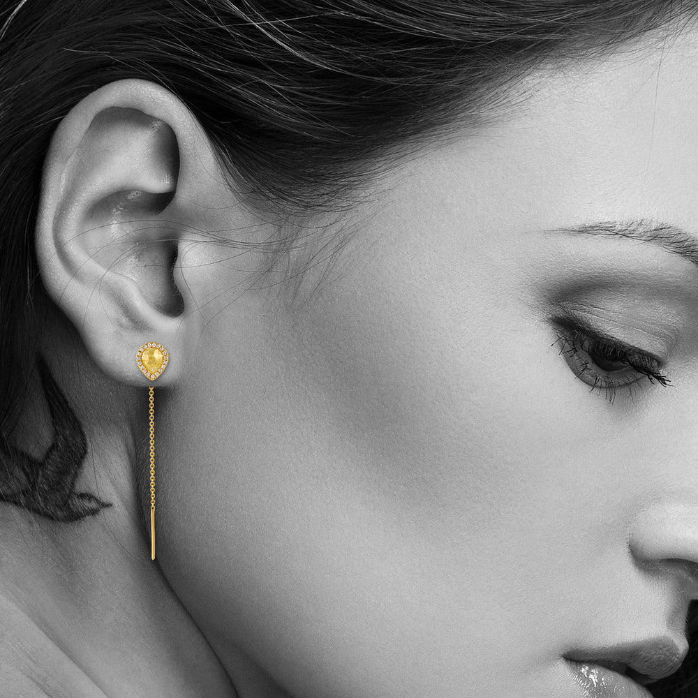 Natural Pear Ice Diamond Designer Ear Thread 18K Yellow Gold Jewelry