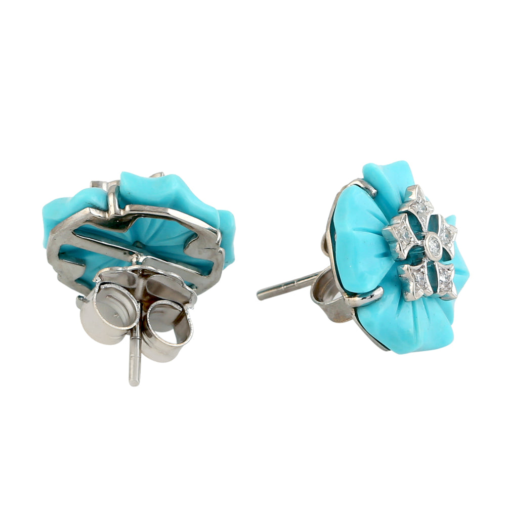 18k White Gold Flower Carving Turquoise Stud Earrings Diamond Jewelry