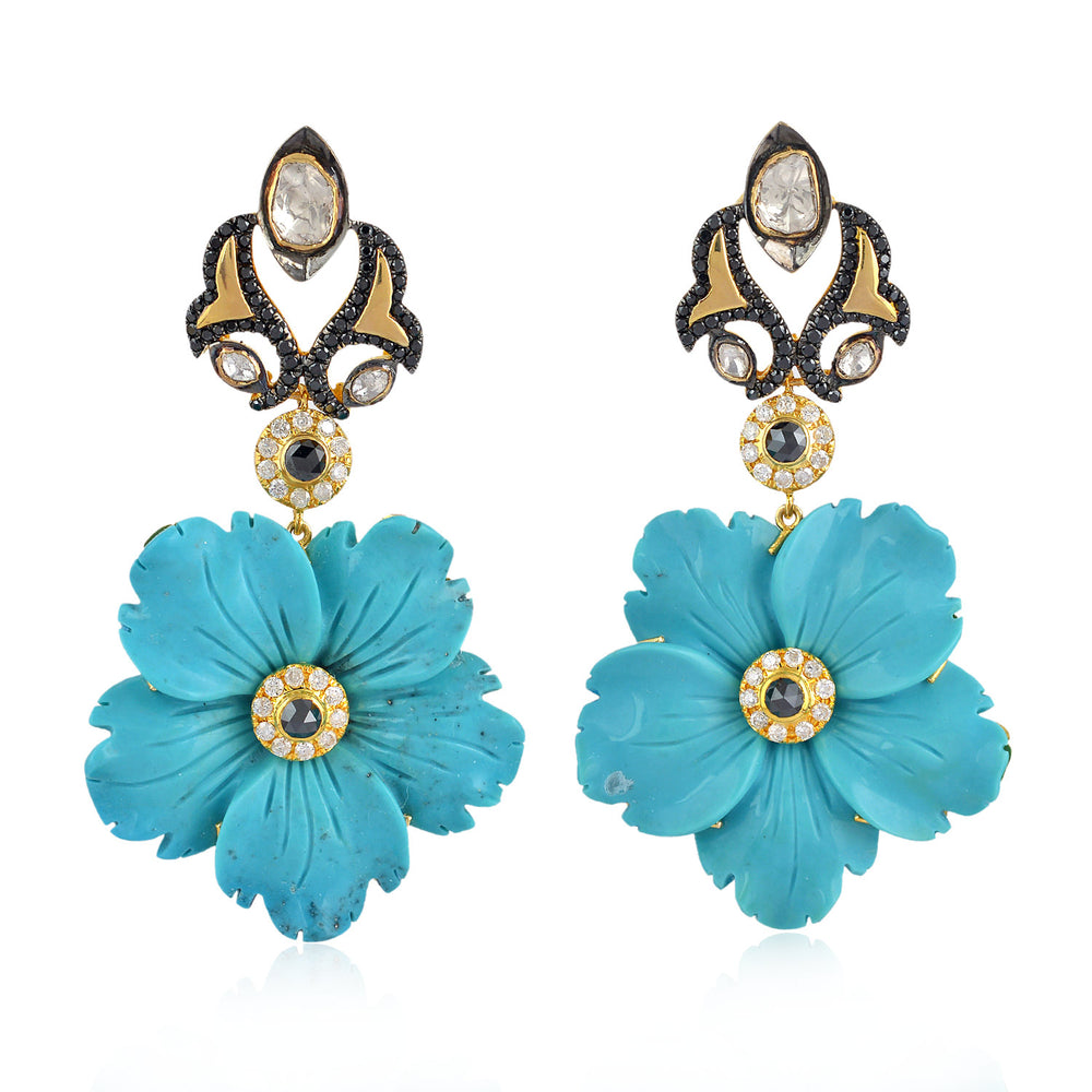 Carved Turquoise Floral Drop Earrings with Black & White Diamonds in 18K Yellow Gold