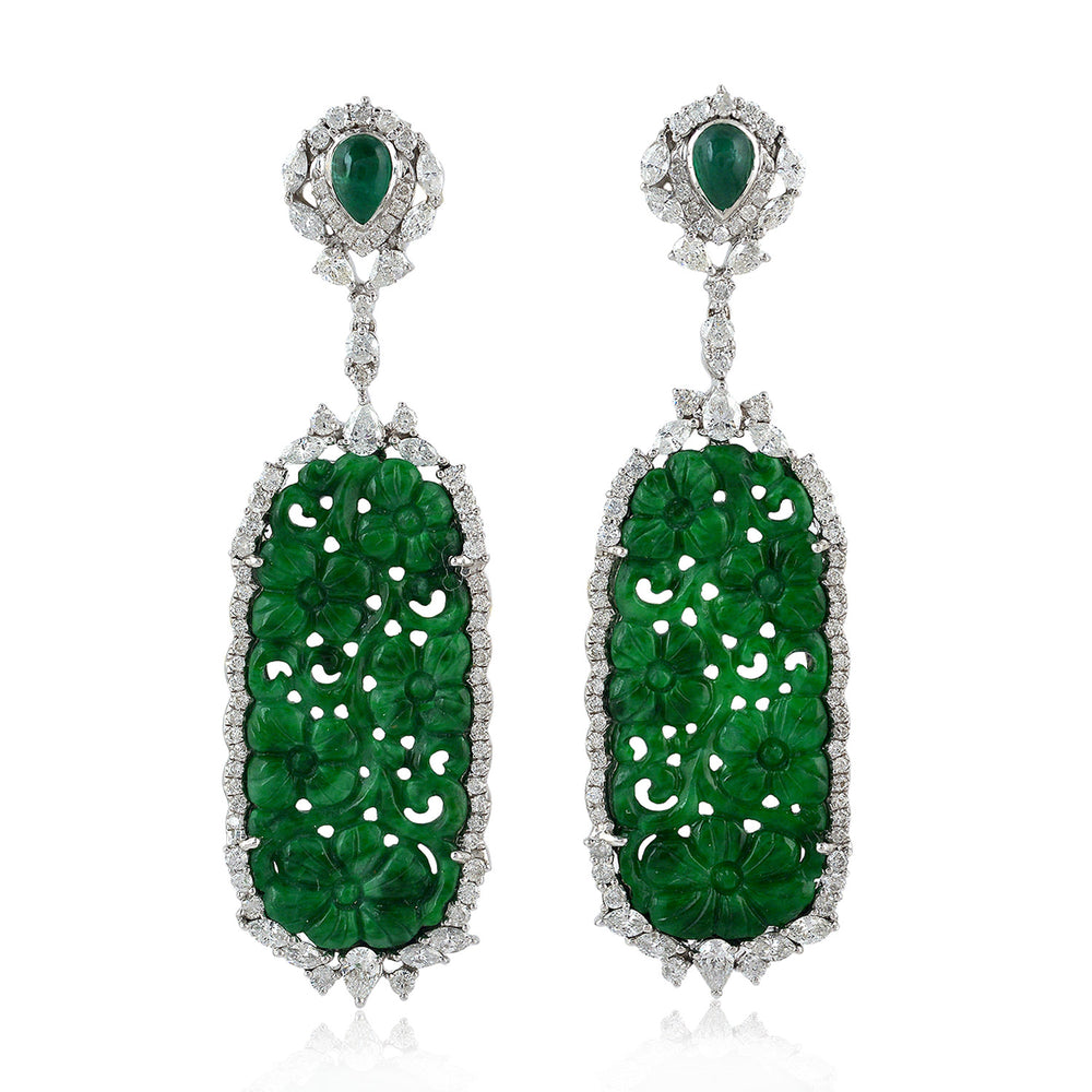 Carved Jade & Pear Cut Emerald Gemstone Pave Diamond Dangle Earrings in White Gold