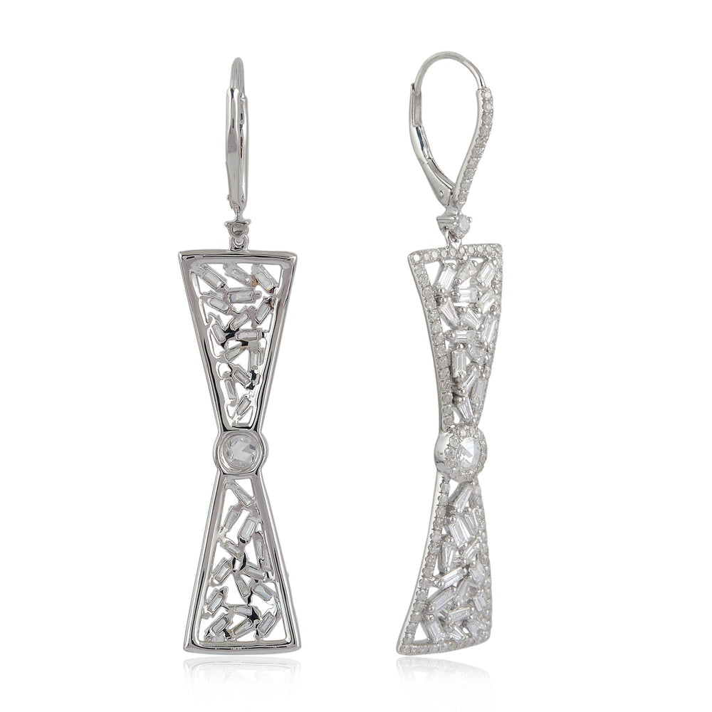Genuine Baguette Diamond Bow Shape Lever Back Earrings In 18K White Gold