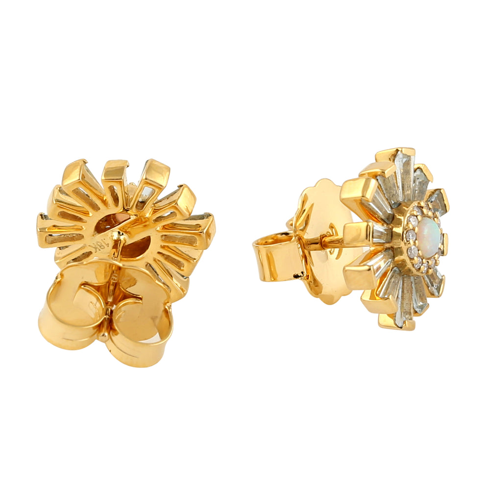 Baguette Aquamarine Opal Ethiopian Gemstone Pave Diamond Floral Earrings In Gold