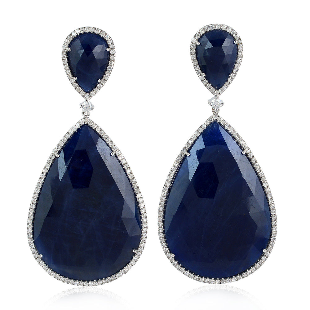 Pear Cut Blue Sapphire Prong Natural Diamond Drop Dangler 18K White Gold For Her