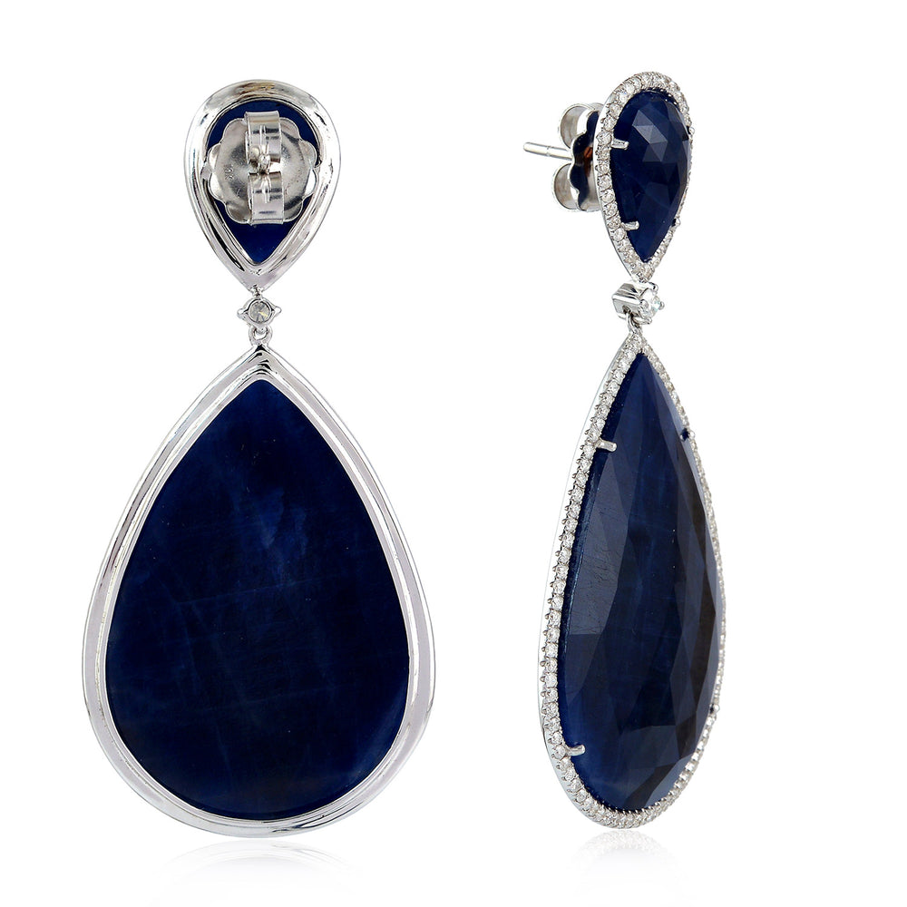 Pear Cut Blue Sapphire Prong Natural Diamond Drop Dangler 18K White Gold For Her