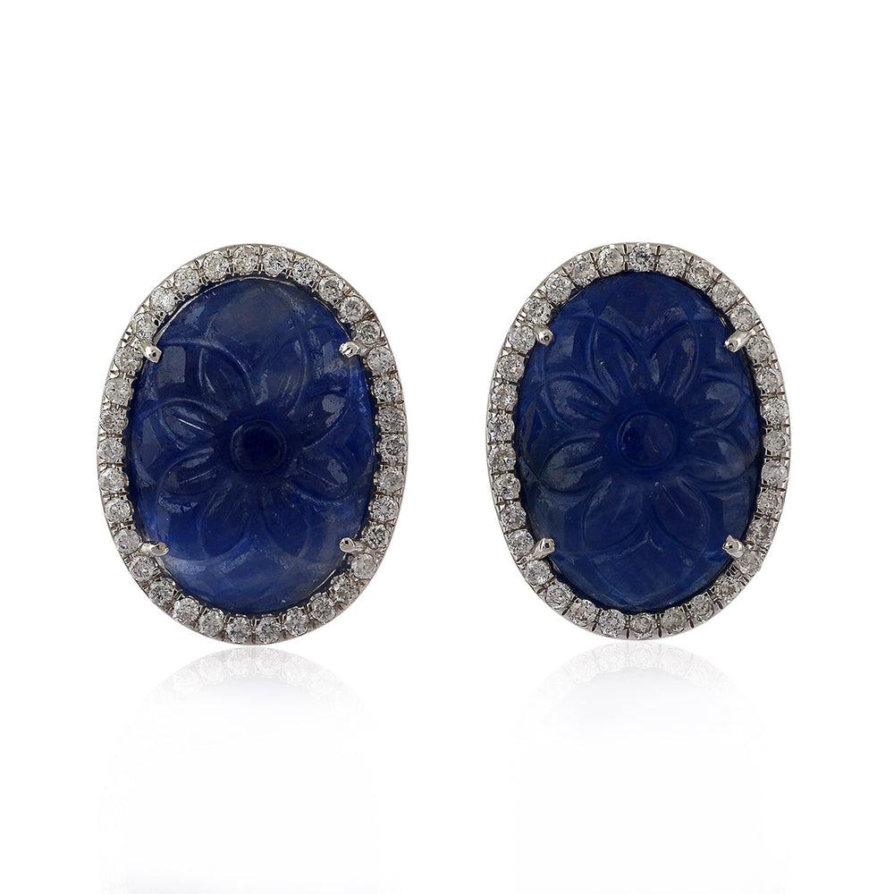 Carved Blue Sapphire September Birthstone Prong Diamond Stud 18K White Gold Jewelry