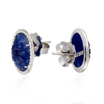 Carved Blue Sapphire September Birthstone Prong Diamond Stud 18K White Gold Jewelry