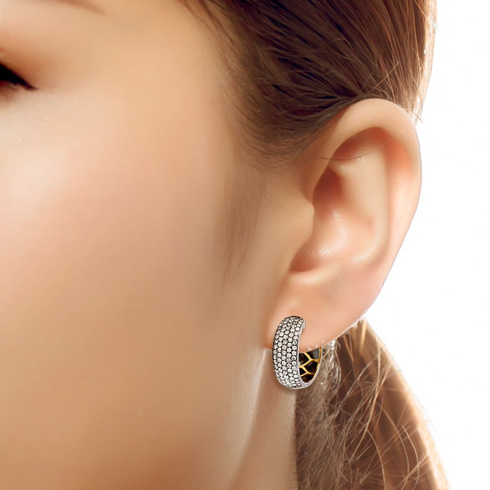 Pave Diamond Huggie Hoop Earrings in 18K Gold Silver