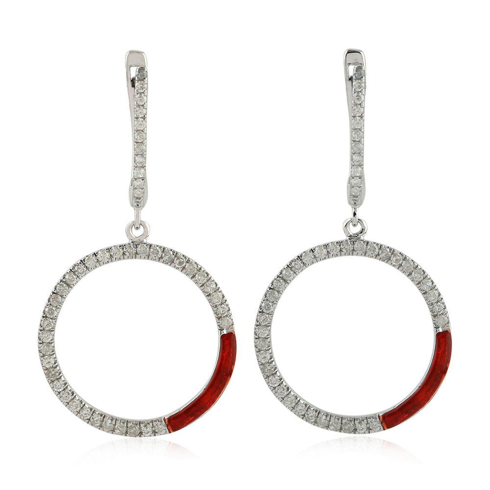 14k White Gold Pave Diamond Open Circle Enamel Dangle Earrings