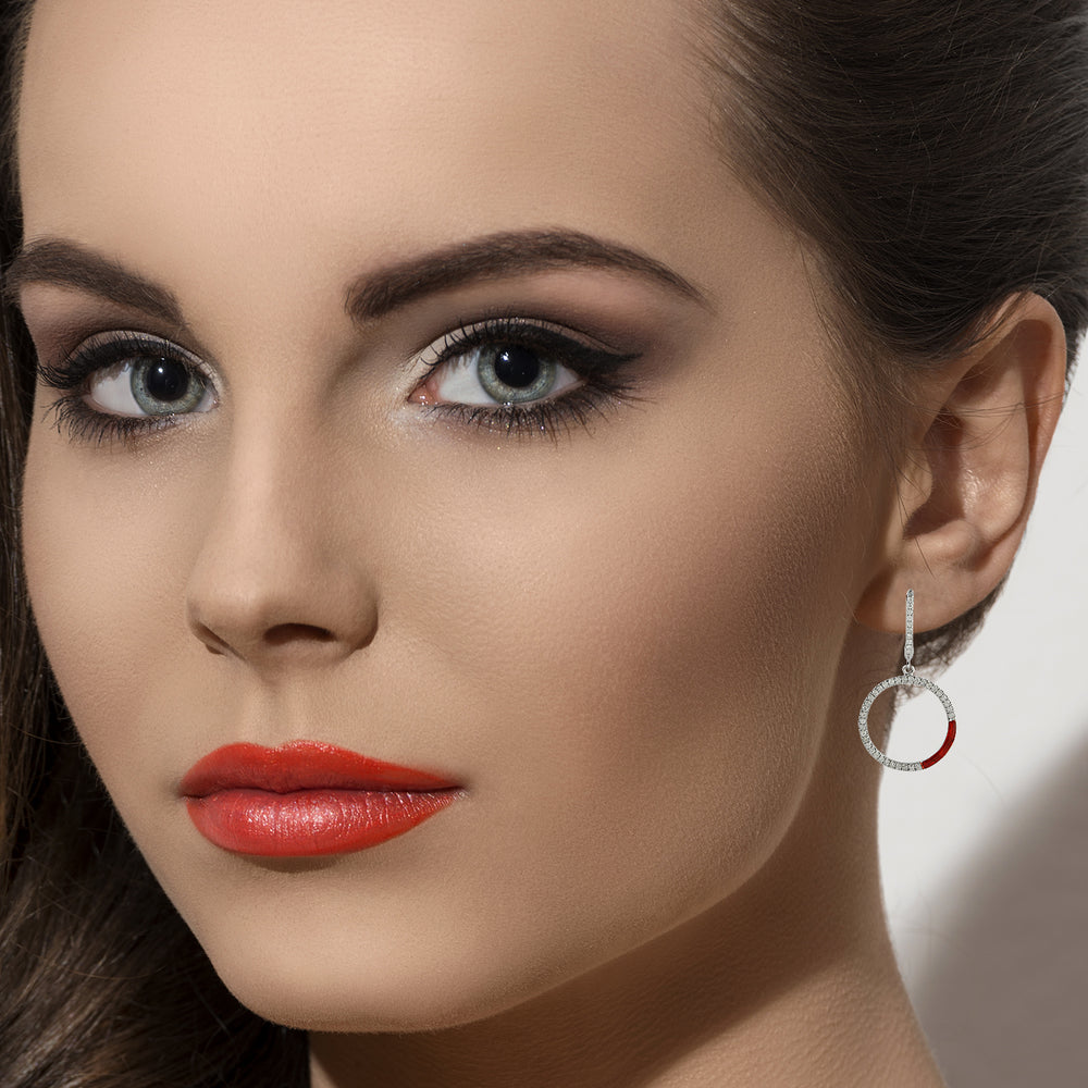 14k White Gold Pave Diamond Open Circle Enamel Dangle Earrings