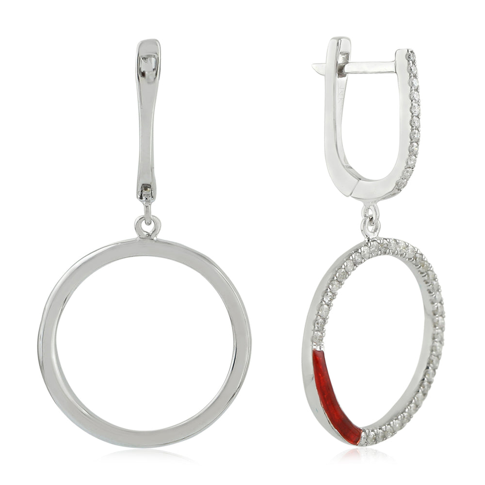 14k White Gold Pave Diamond Open Circle Enamel Dangle Earrings