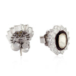 Natural Uncut Diamond Bezel Set Enamel Stud Earrings 18k White Gold Jewelry