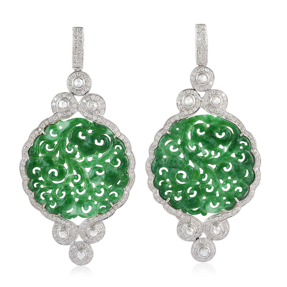 Natural Round Green Jade Rose Cut Diamond Dangler Earrings 18K White Gold For Wedding