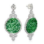 Natural Round Green Jade Rose Cut Diamond Dangler Earrings 18K White Gold For Wedding