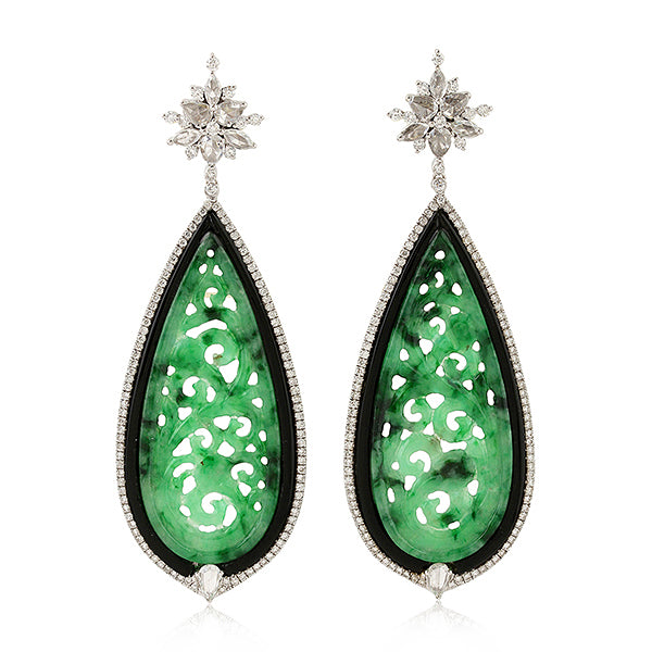 18k White Gold Flower Carving Jade Pear Diamond Drop Dangler Earrings Jewelry For Her