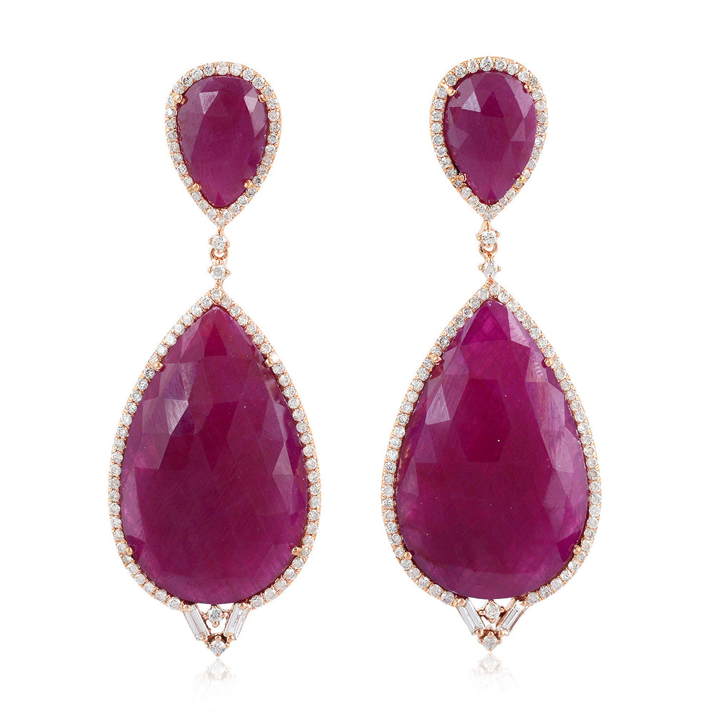 18K Rose Gold Prong Pear Cut Ruby Gemstone Baguette Diamond Drop Earrings For Valentine Day Gift