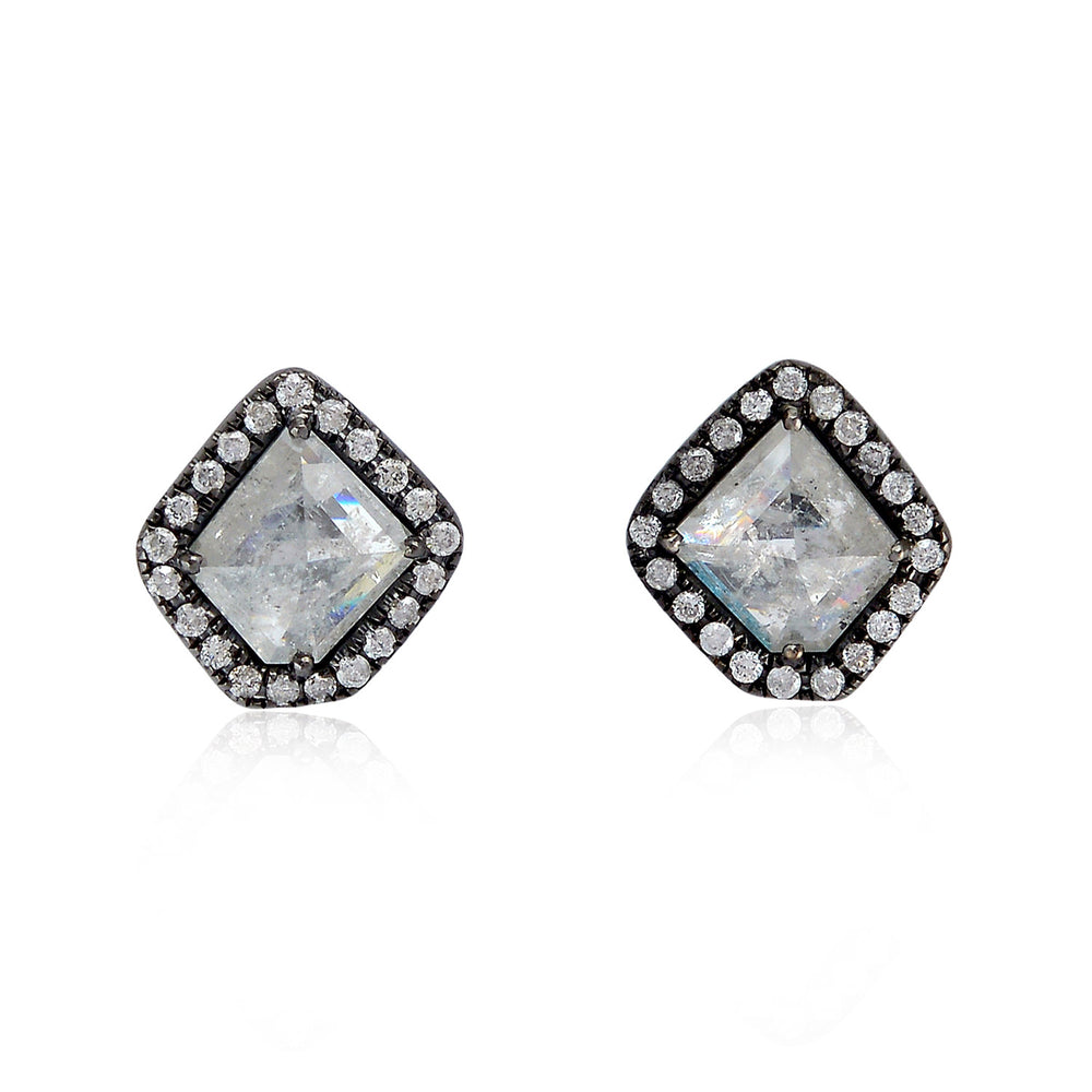 Handcrafted White Ice Diamond Square Stud Earrings in Oxidized 18K Gold