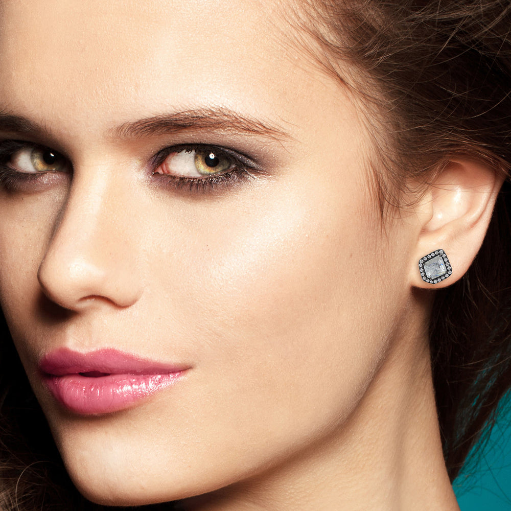 Handcrafted White Ice Diamond Square Stud Earrings in Oxidized 18K Gold