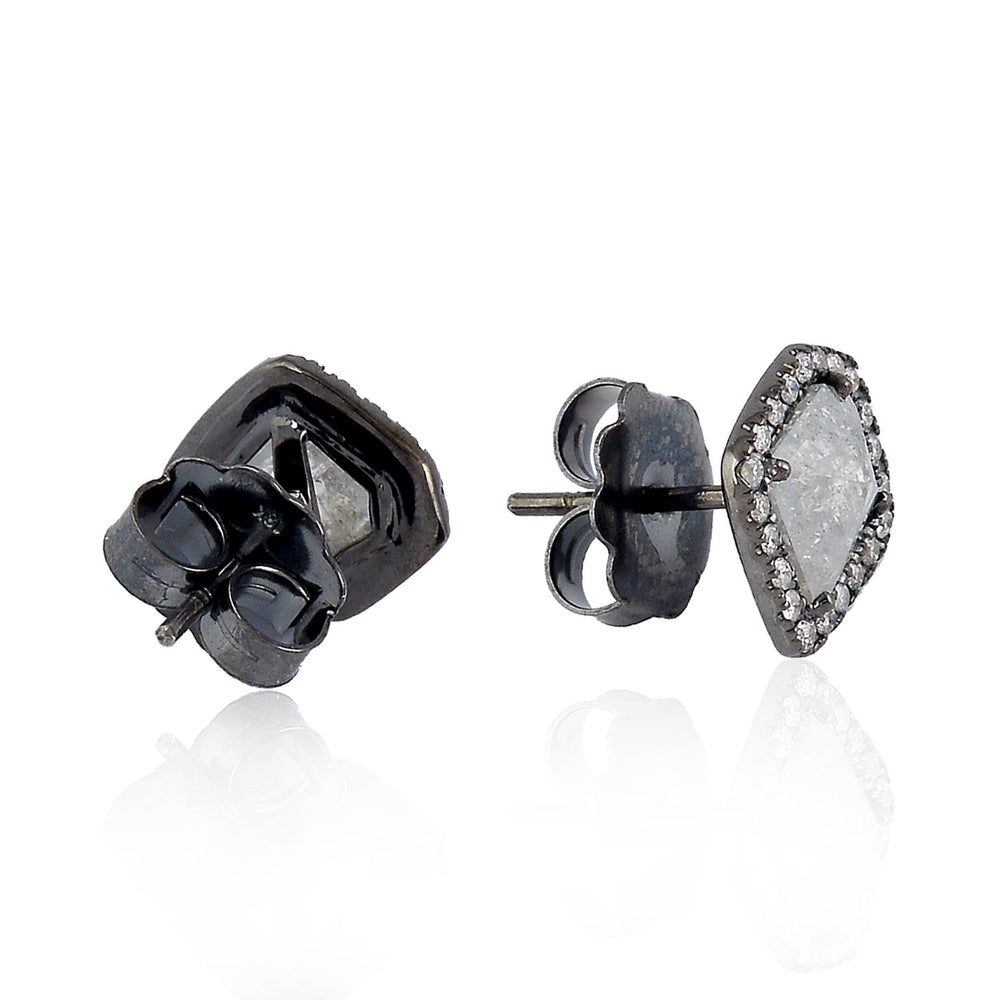 Handcrafted White Ice Diamond Square Stud Earrings in Oxidized 18K Gold