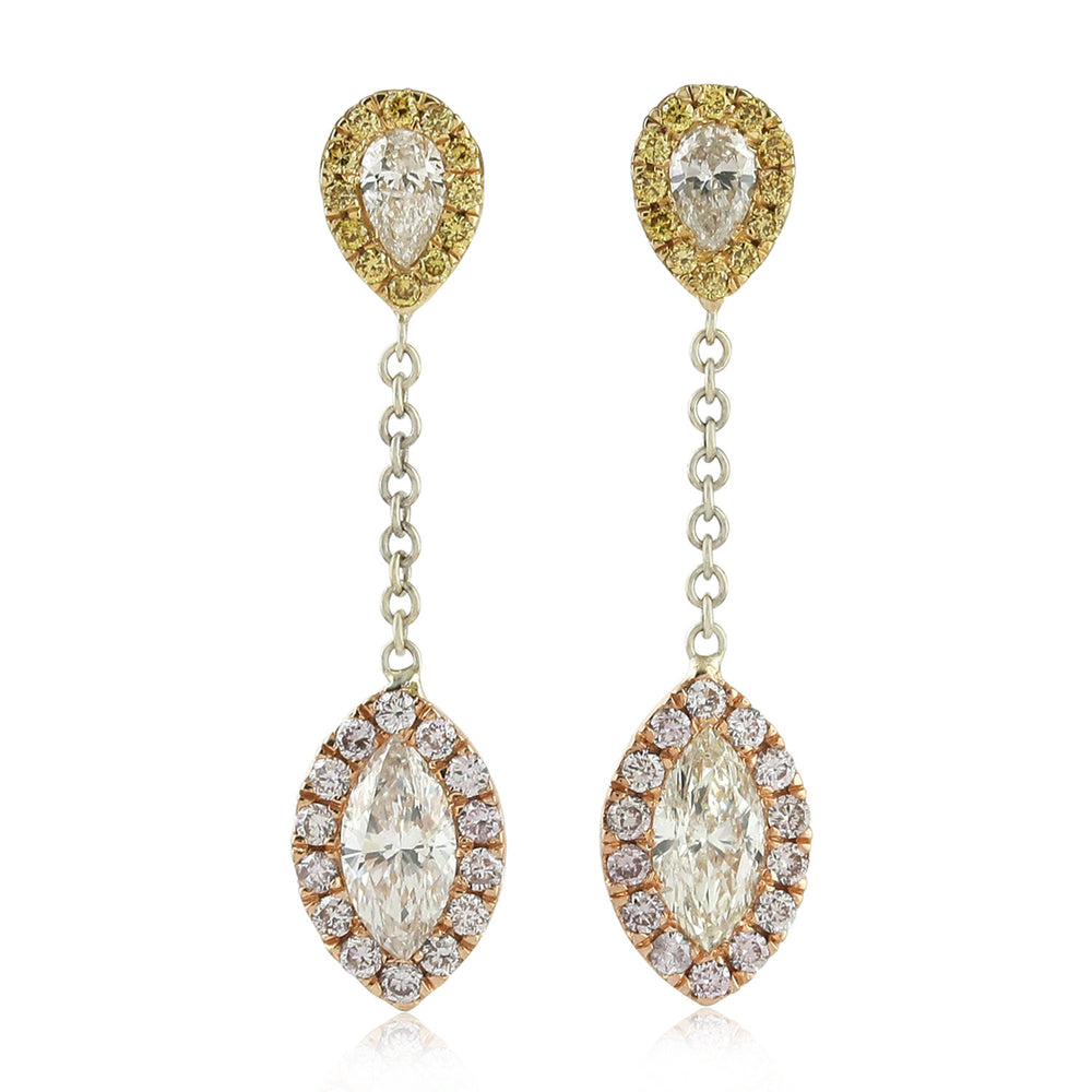 18K Rose Yellow Gold Mystere Long Dangler Micro Pave Diamond Rose Cut Jewelry