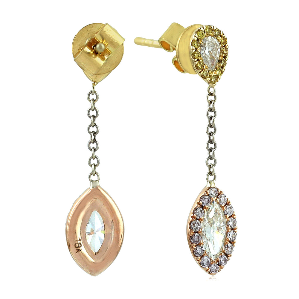 18K Rose Yellow Gold Mystere Long Dangler Micro Pave Diamond Rose Cut Jewelry