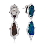 Natural Opal Doublet Prong Diamond Designer Dangler 18K White Gold Jewelry